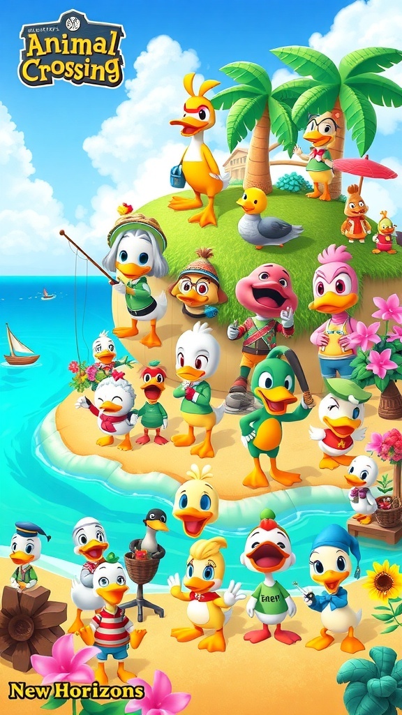 Collage of duck villagers from Animal Crossing: New Horizons in a tropical island setting.